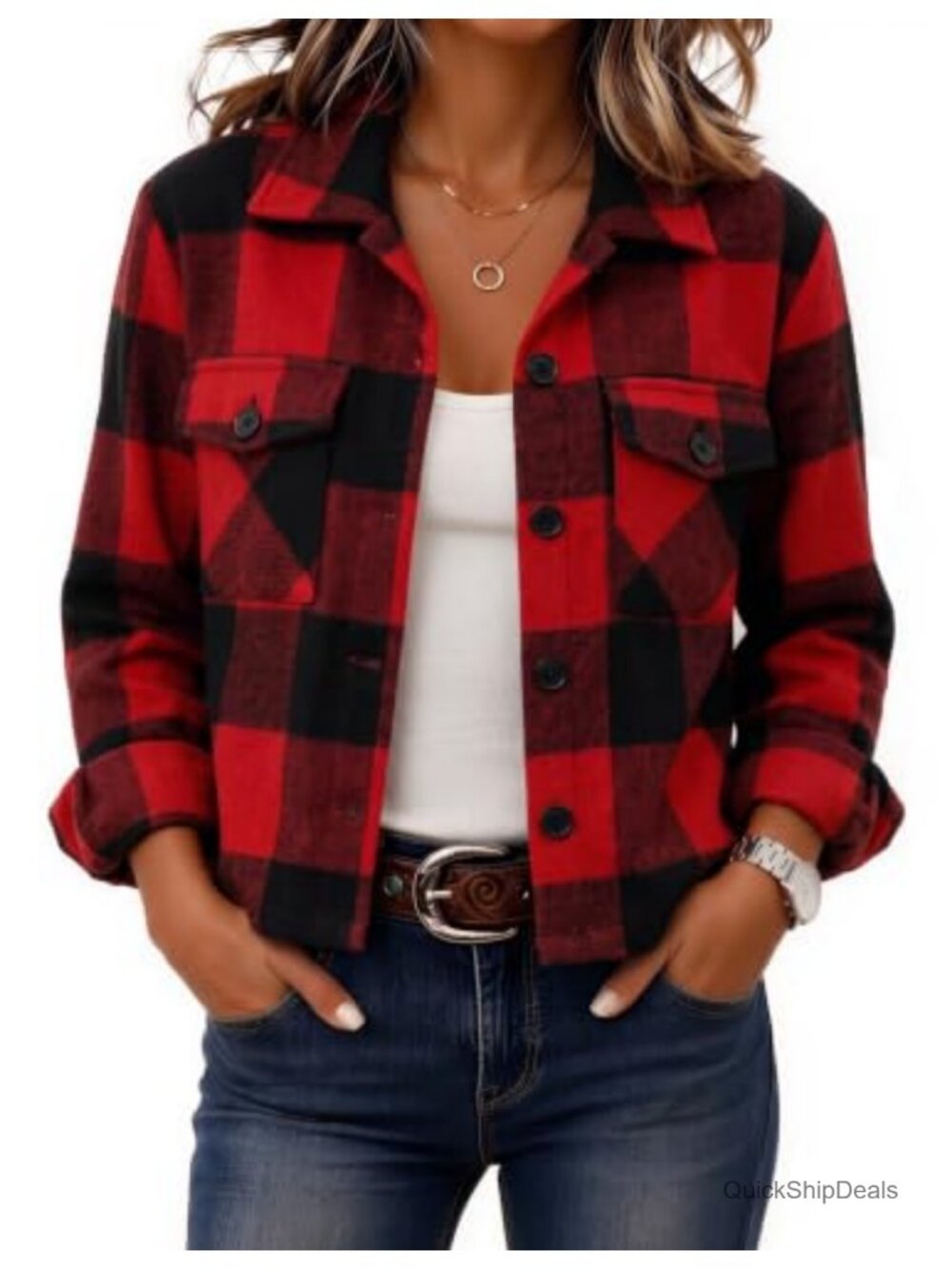 Cropped Plaid Flannel Shacket Jacket for Women Wool Blend